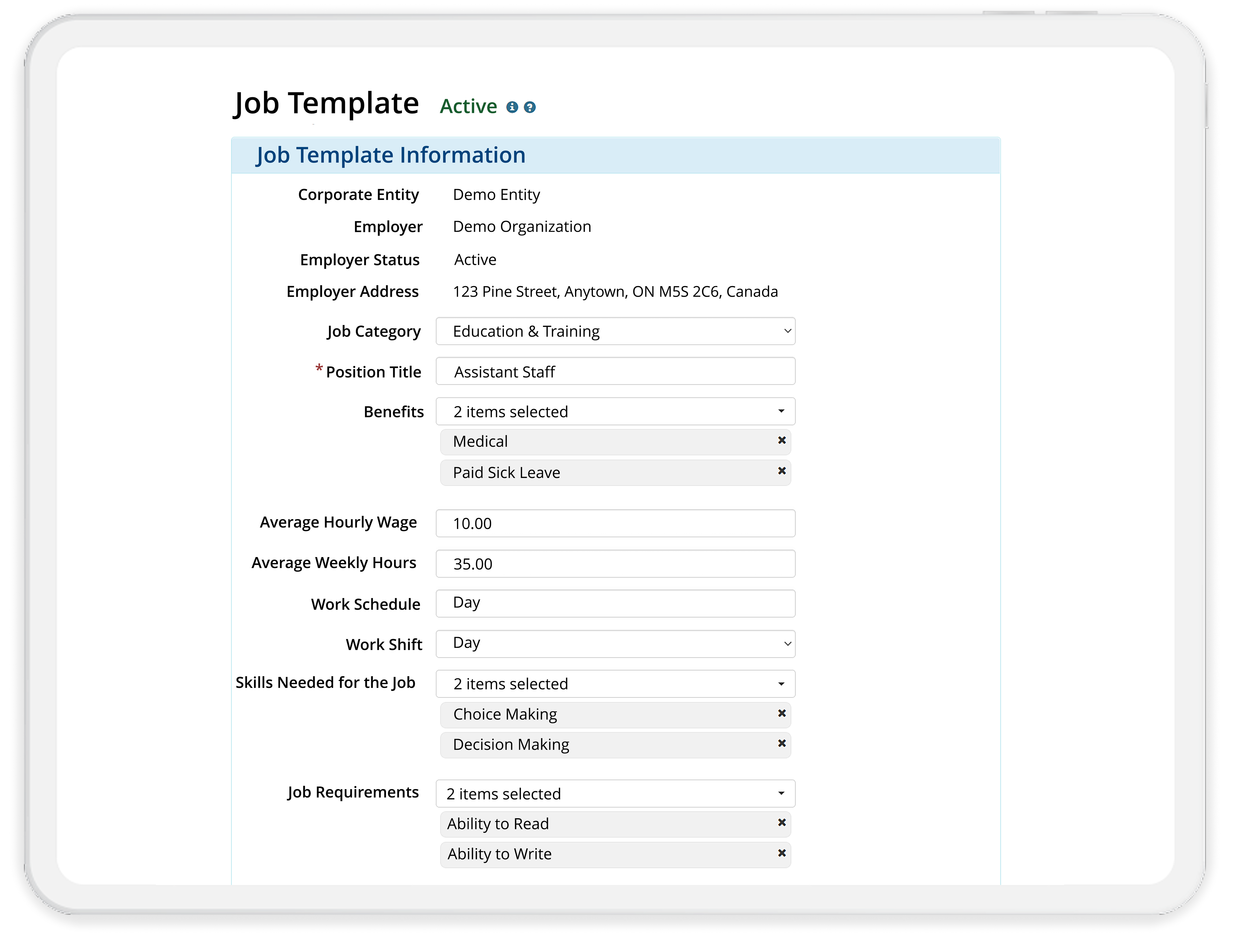 A screenshot of Therap employment module job template