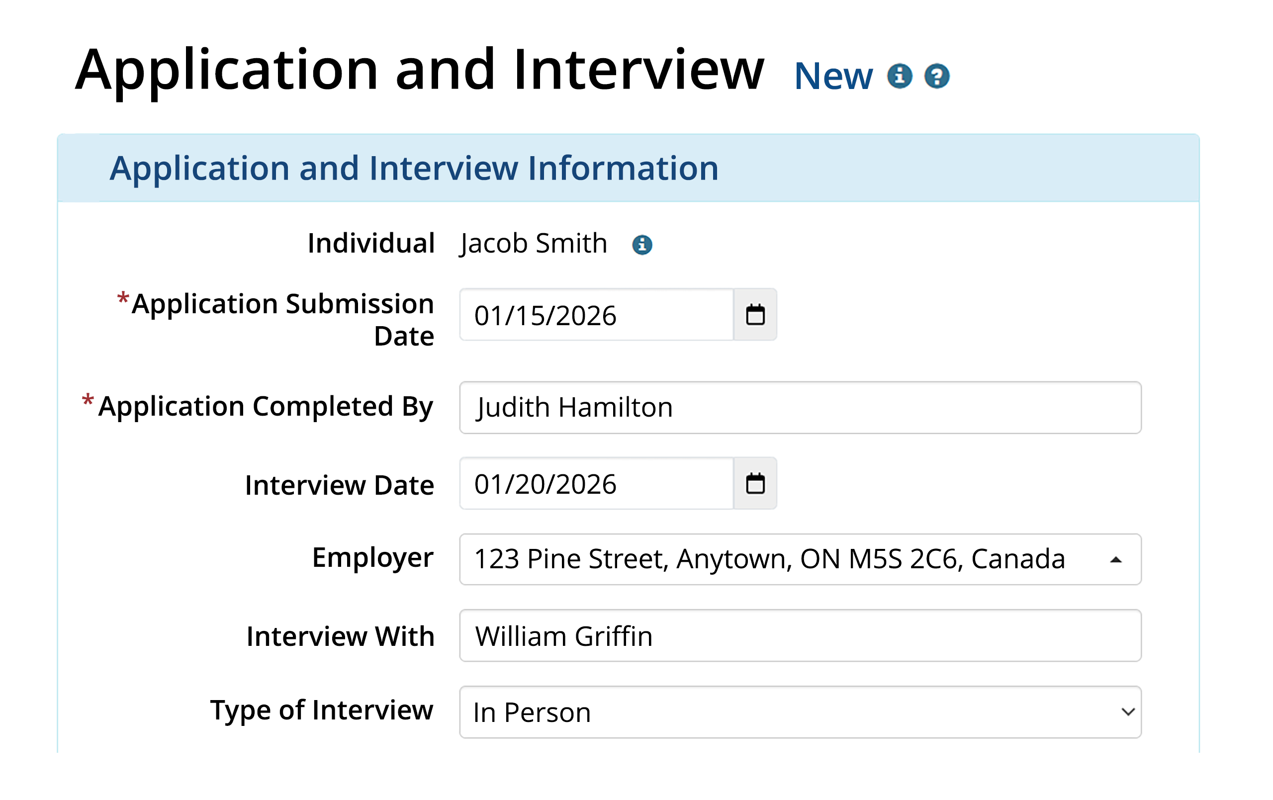 A screenshot of Therap employment module application and interview form
